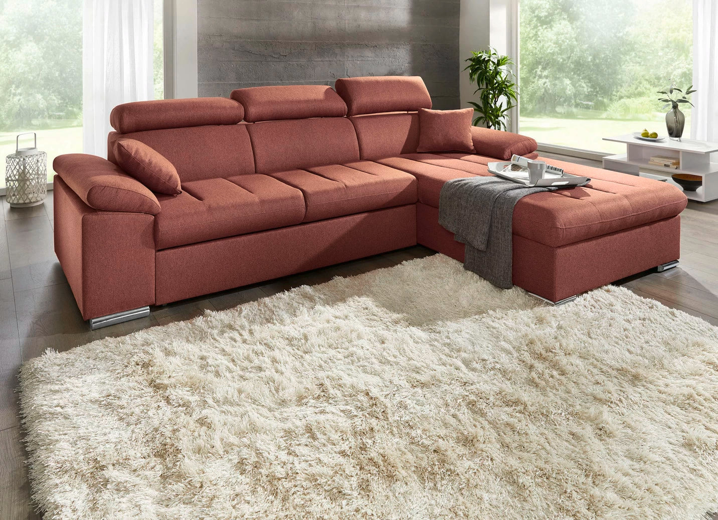 Sarkans stūra dīvāns ar gulēšanas funkciju un regulējamām galvas balstiem – Polsterecke (Art. 10326)