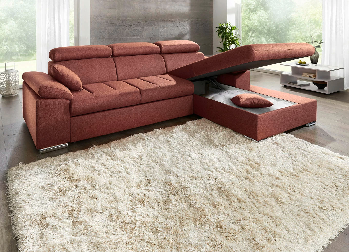 Sarkans stūra dīvāns ar gulēšanas funkciju un regulējamām galvas balstiem – Polsterecke (Art. 10326)