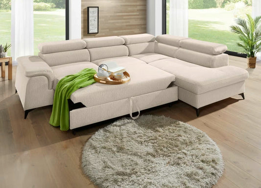 Stūra dīvāns ar guļamfunkciju un veļas kasti, krēmkrāsā