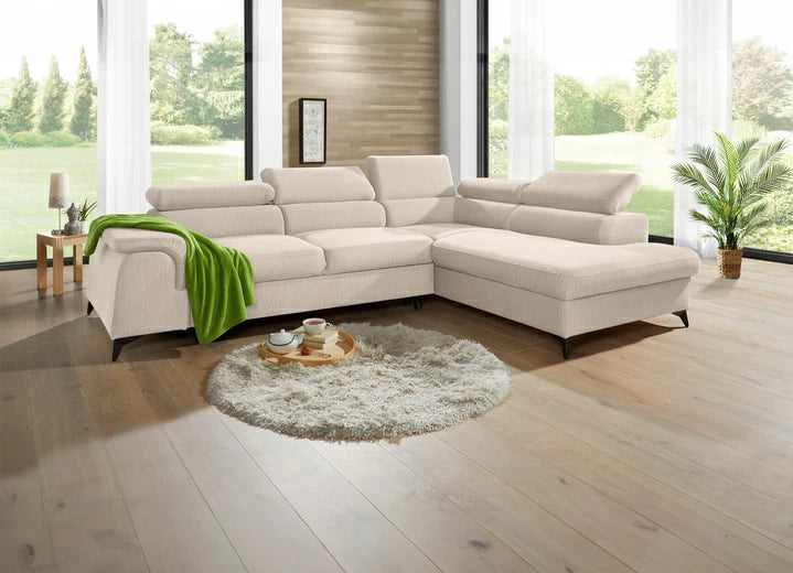 Stūra dīvāns ar guļamfunkciju un veļas kasti, krēmkrāsā