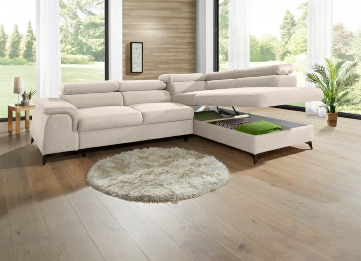 Stūra dīvāns ar guļamfunkciju un veļas kasti, krēmkrāsā