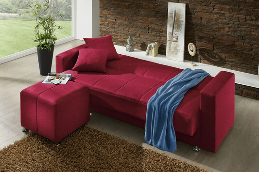 Klik-Klack dīvāns ar pufu un dekoratīvājiem spilveniem – sarkans (Art. 78914)