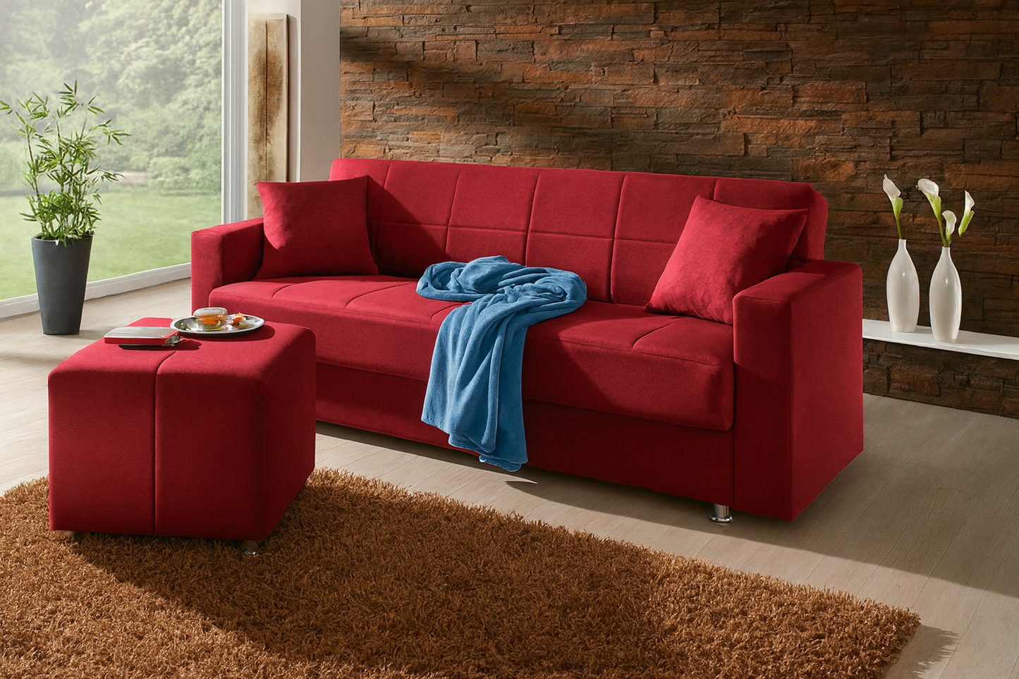 Klik-Klack dīvāns ar pufu un dekoratīvājiem spilveniem – sarkans (Art. 78914)