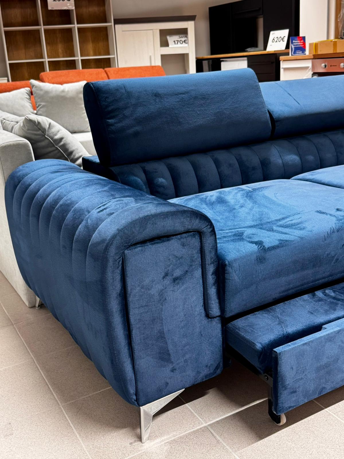 Zils Stūra dīvāns ar guļamo funkciju un veļas kasti