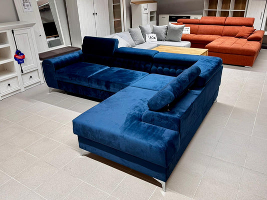 Zils Stūra dīvāns ar guļamo funkciju un veļas kasti