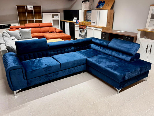 Zils Stūra dīvāns ar guļamo funkciju un veļas kasti