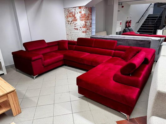 Sarkans U-Veida dīvāns ar guļamo funkciju un veļas kasti