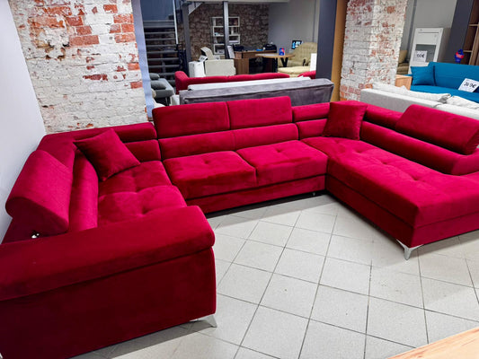 Sarkans U-Veida dīvāns ar guļamo funkciju un veļas kasti