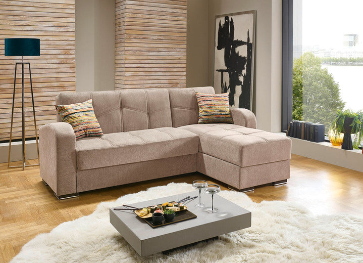 Stūra dīvāns ar guļamfunkciju un veļas kasti, krēmkrāsā