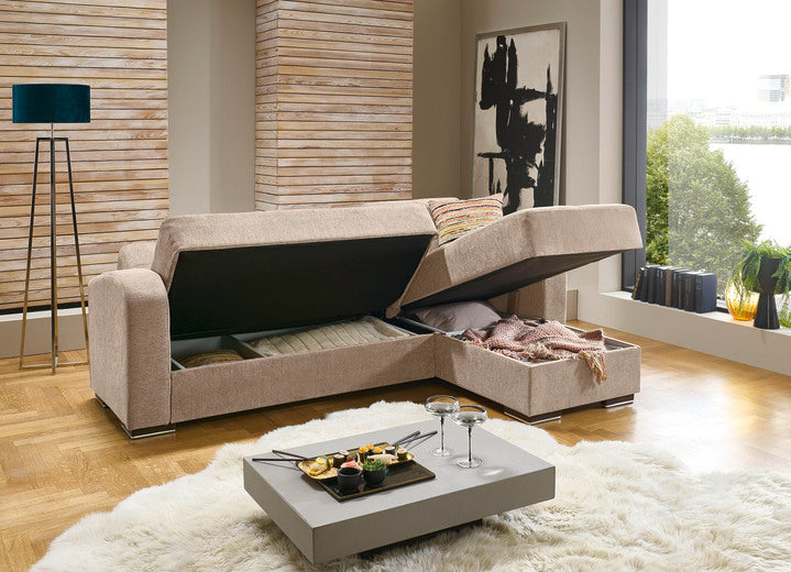 Stūra dīvāns ar guļamfunkciju un veļas kasti, krēmkrāsā